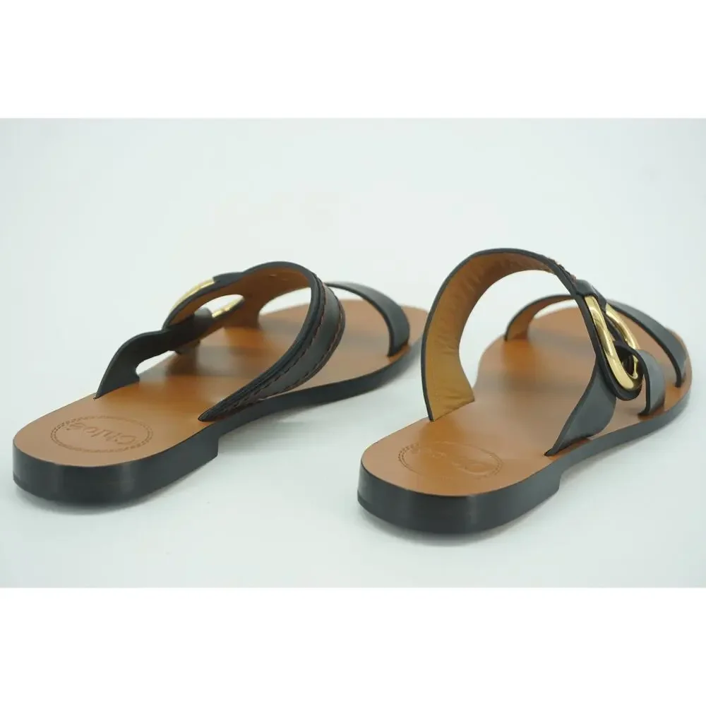 Chloe Demi Slide Buckle Glide Flat Sandals SZ 38 NIB New $670 Black Leather